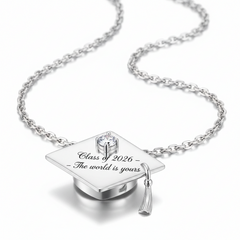 Silver graduation cap pendant necklace with 'Class of 2026 - The world is yours' text on a white background
